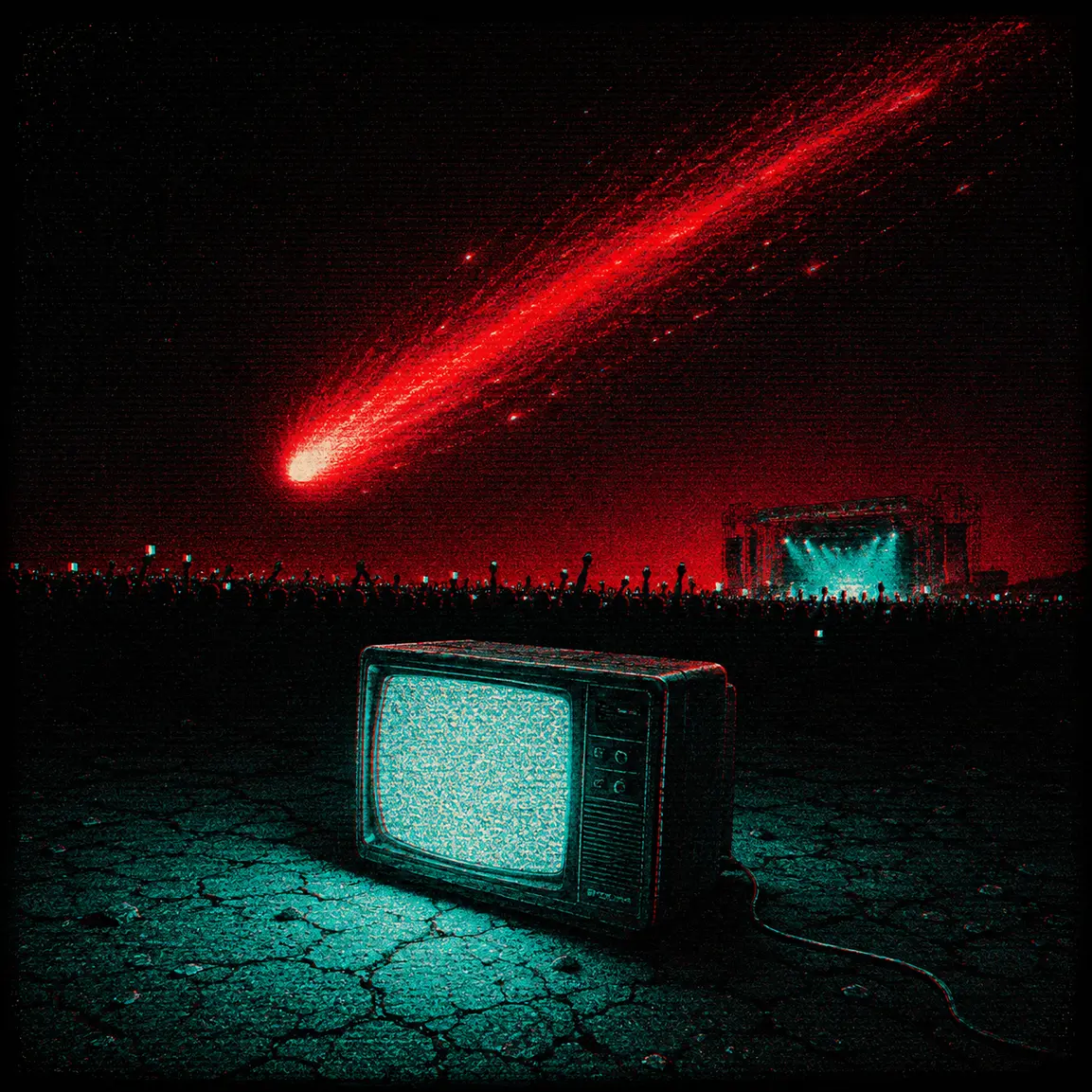 The Last Show on Earth — single cover: a crimson comet streaks over a packed festival crowd while a CRT television hisses static on cracked ground